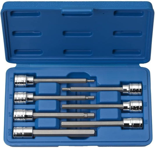 3/8-Inch Drive Extra Long Allen Hex Bit Socket Set, SAE, 1/8-Inch - 3/8-Inch | S2 and Cr-V Steel, 7-Piece Set